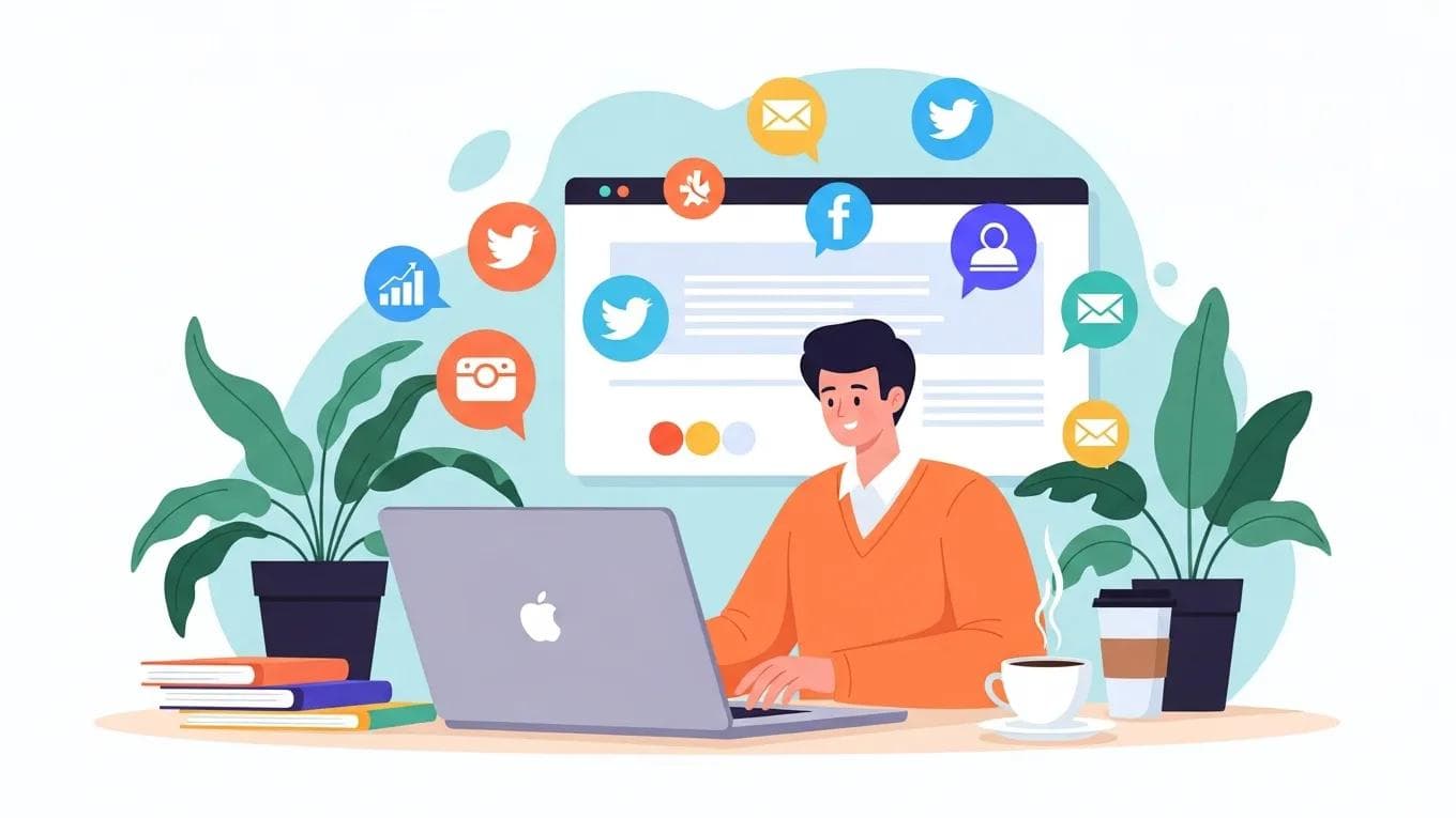 Business owner interacting with social media on a laptop in a vibrant workspace