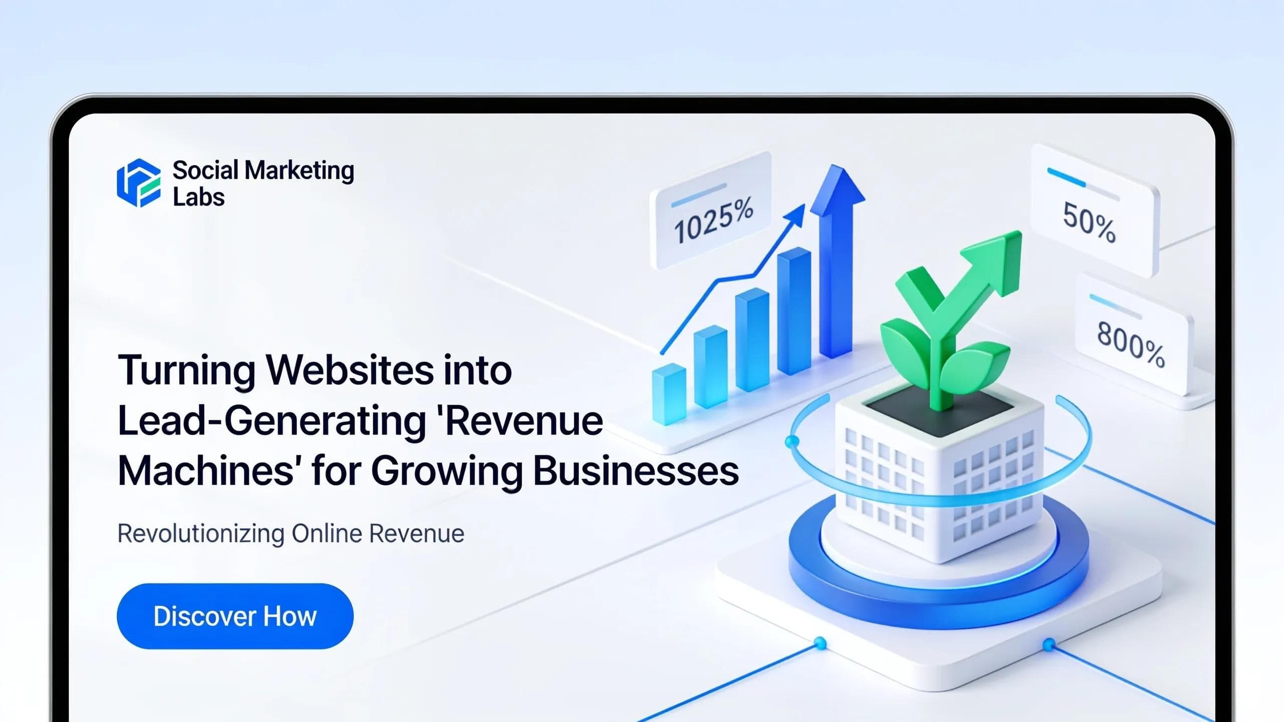 Social Marketing Labs positions its offering as turning websites into lead-generating "revenue machines" for growing