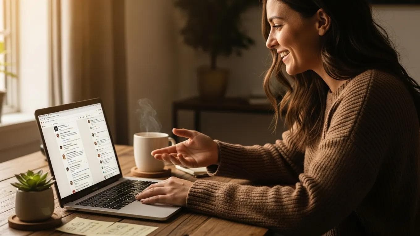 Small business owner actively engaging with customers on social media, emphasizing transparency and trust