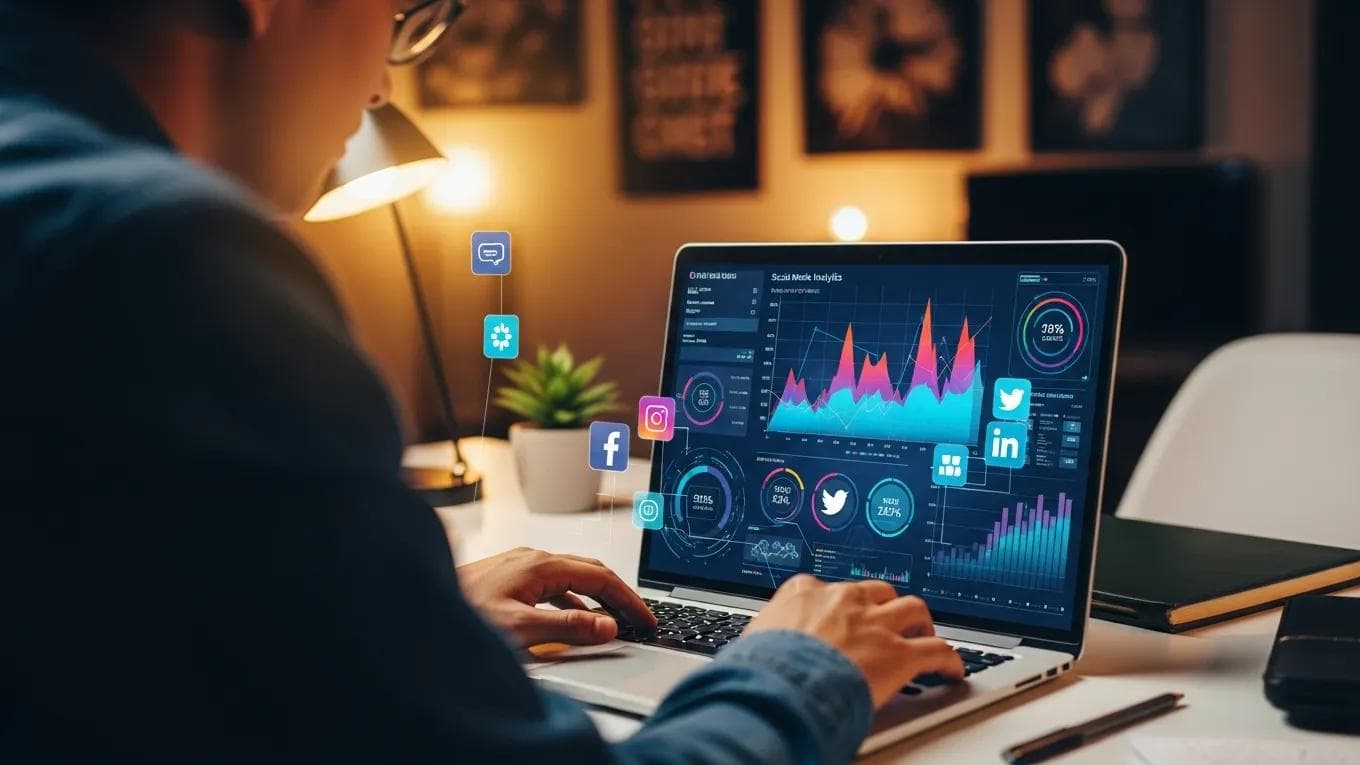 Visual representation of a person engaging with social media analytics on a laptop, emphasizing digital growth and marketing insights
