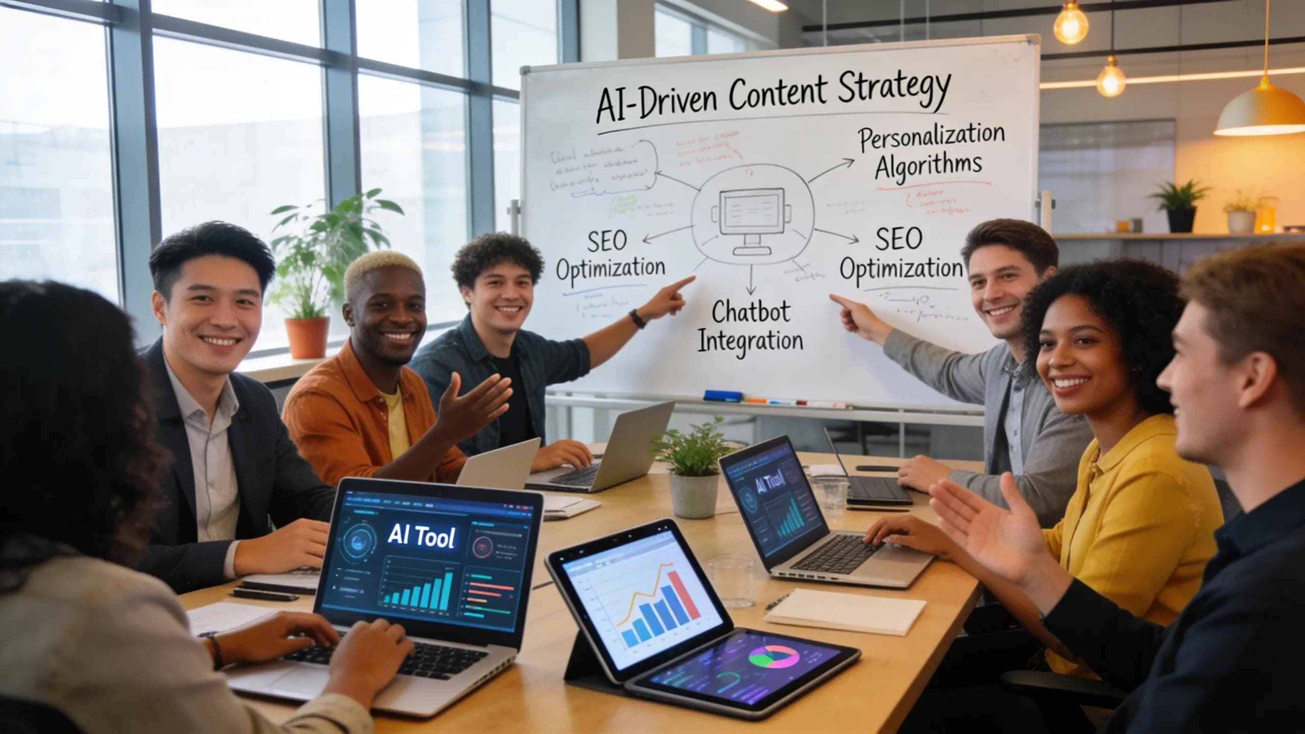 Diverse small business owners collaborating on AI-assisted content strategies in a vibrant office space