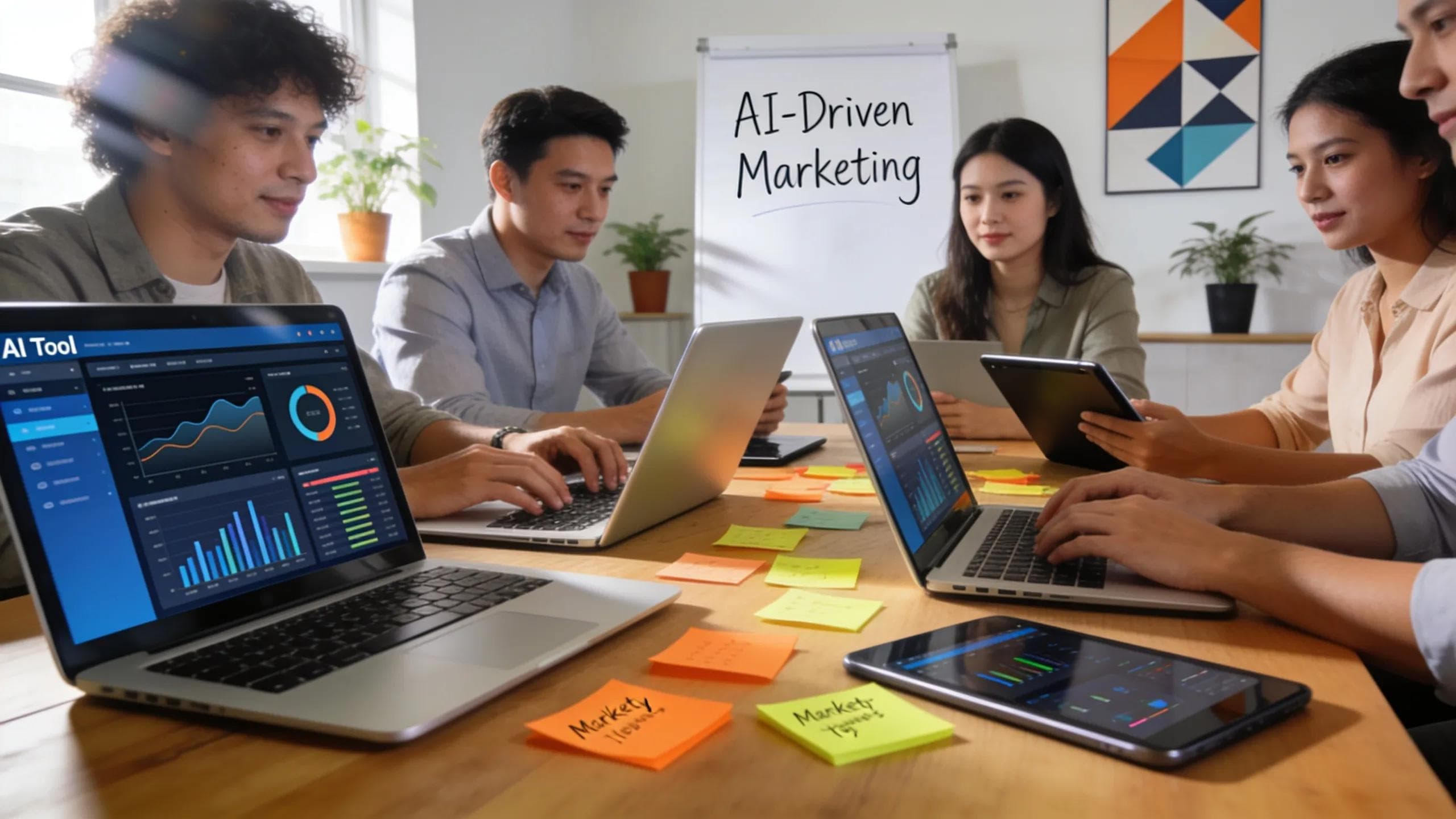 Small business team collaborating on AI marketing strategy with laptops and tablets