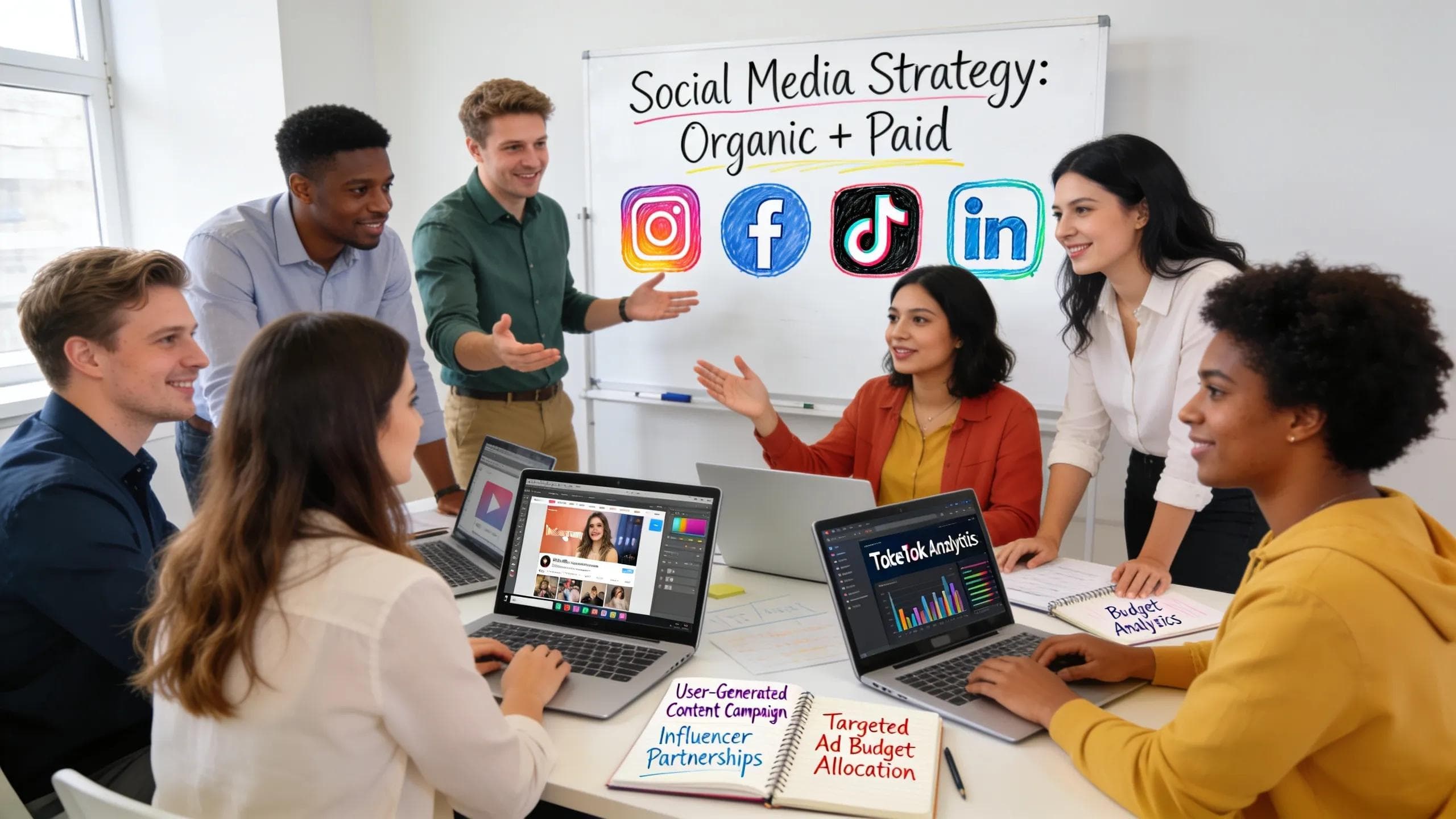 Group of marketers collaborating on organic and paid social media strategies in a modern office environment