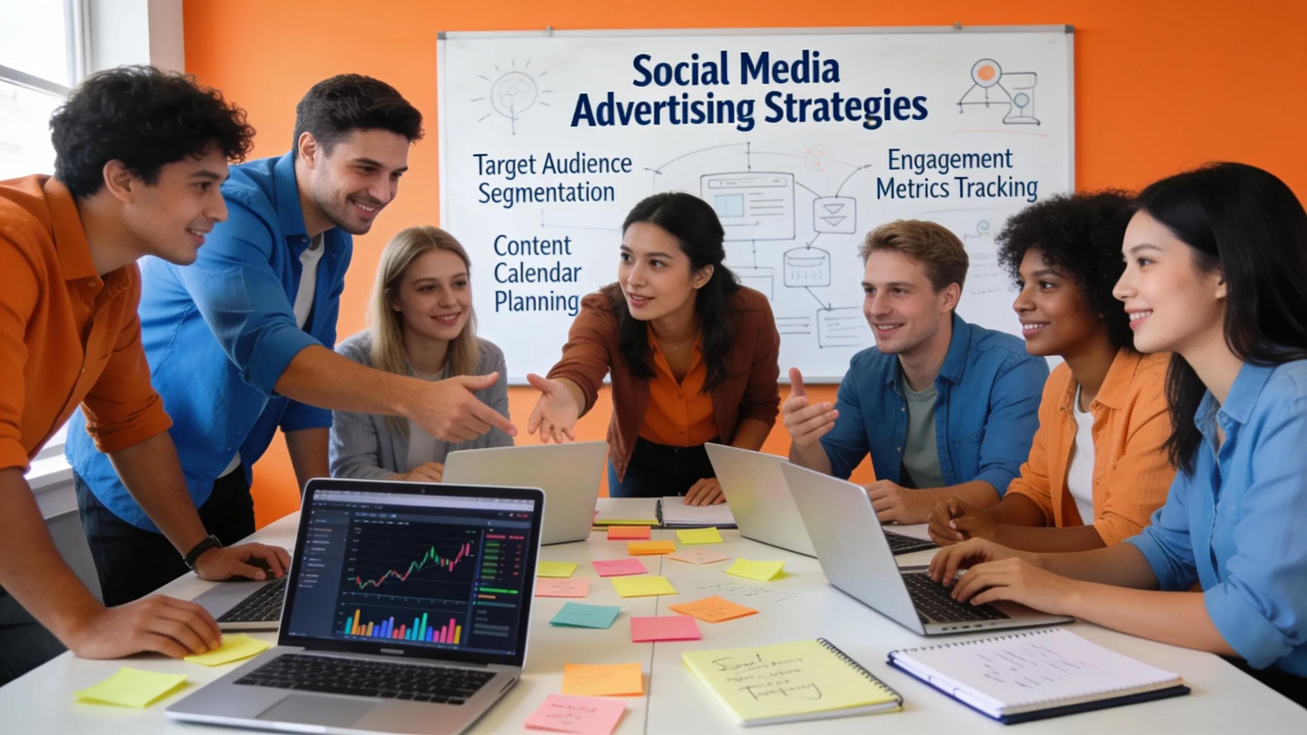 Diverse team brainstorming session to enhance social media advertising strategies