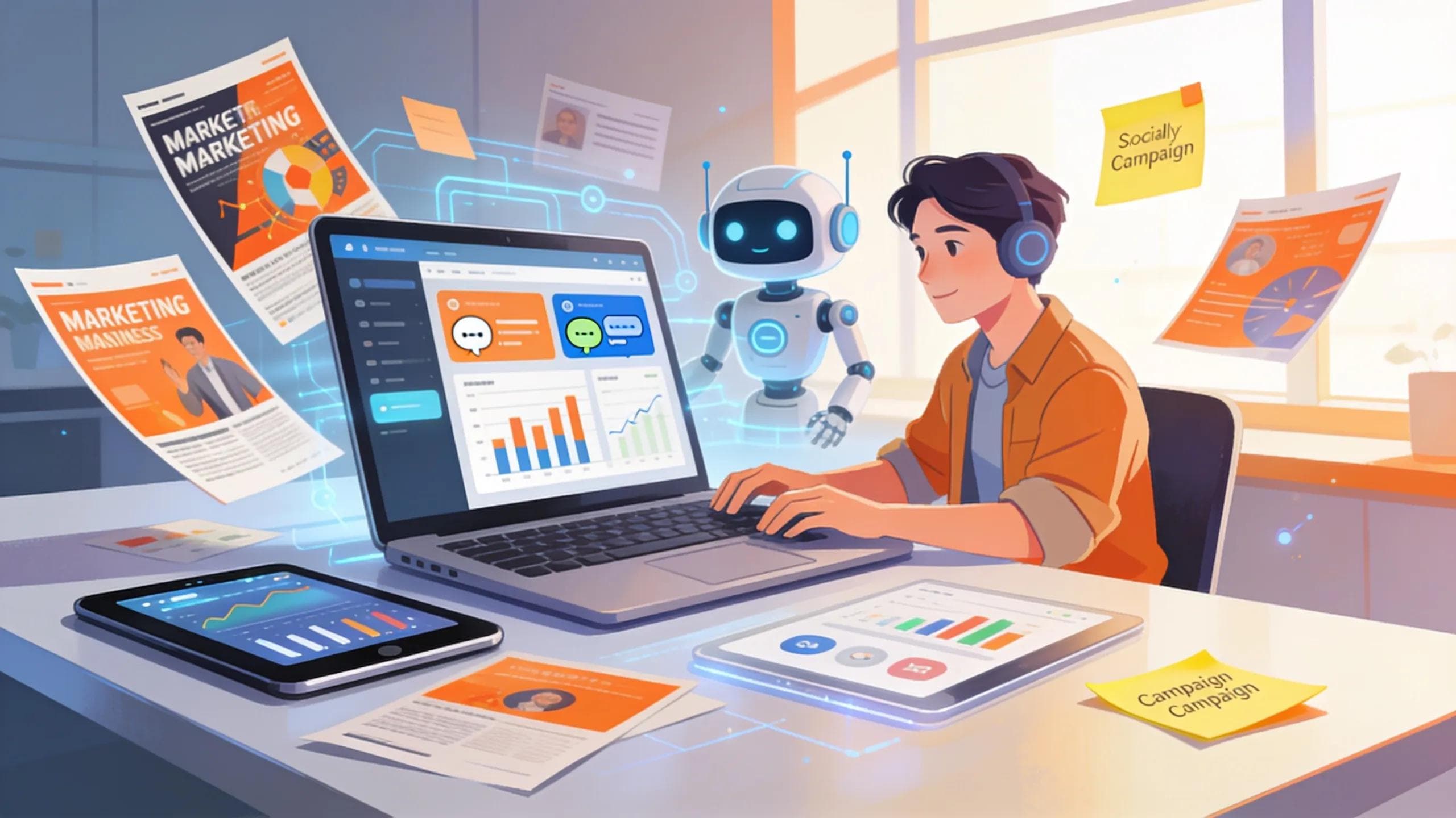 Small business owner utilizing AI tools for digital marketing in a modern workspace