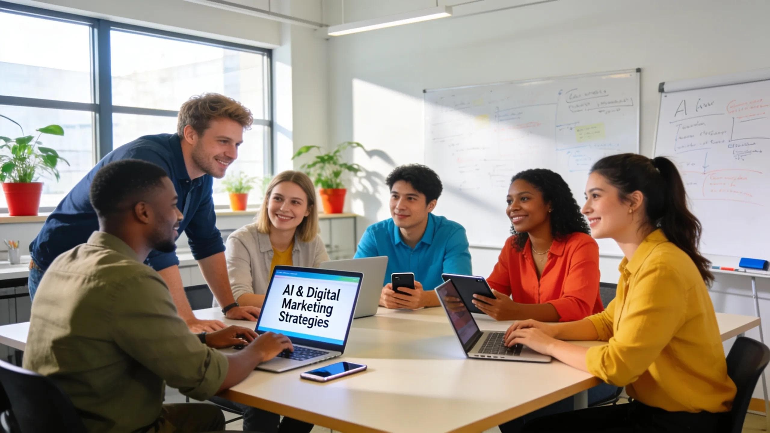 Diverse team collaborating on AI marketing strategies in a modern office