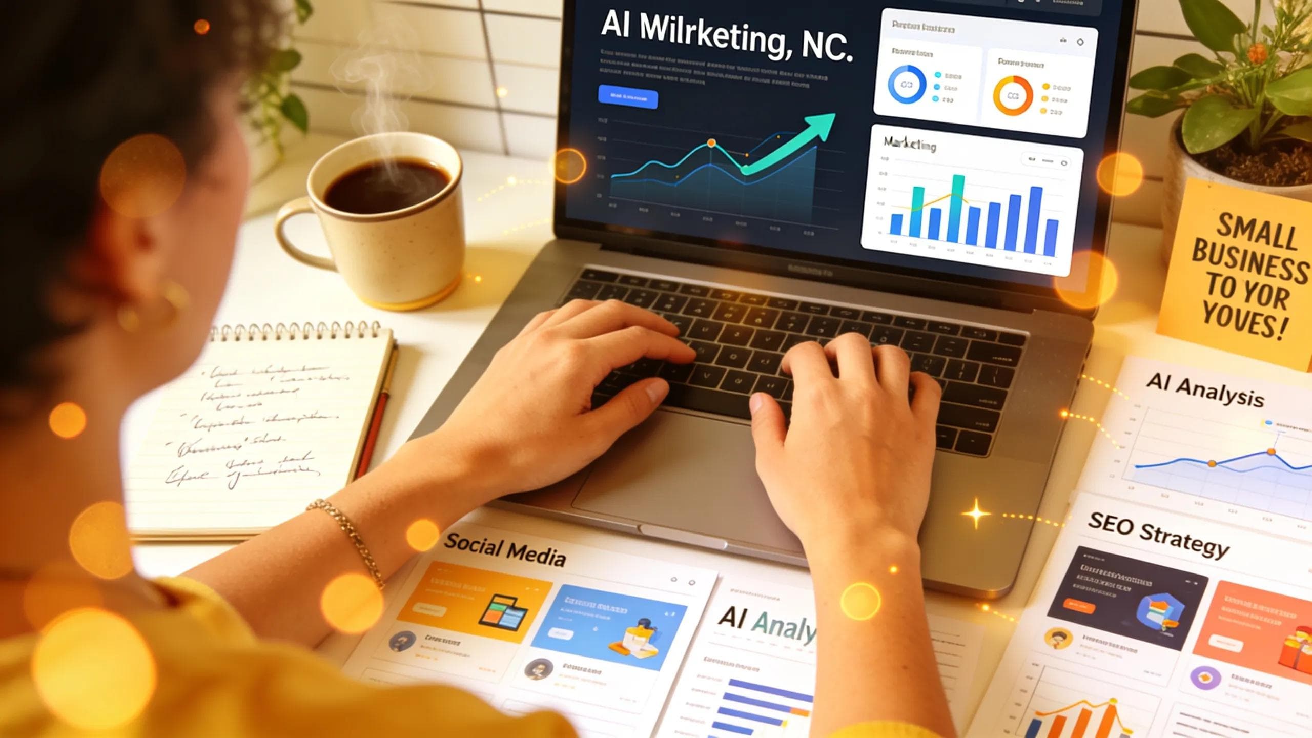Small business owner in Wilmington, NC utilizing AI marketing tools in a bright workspace