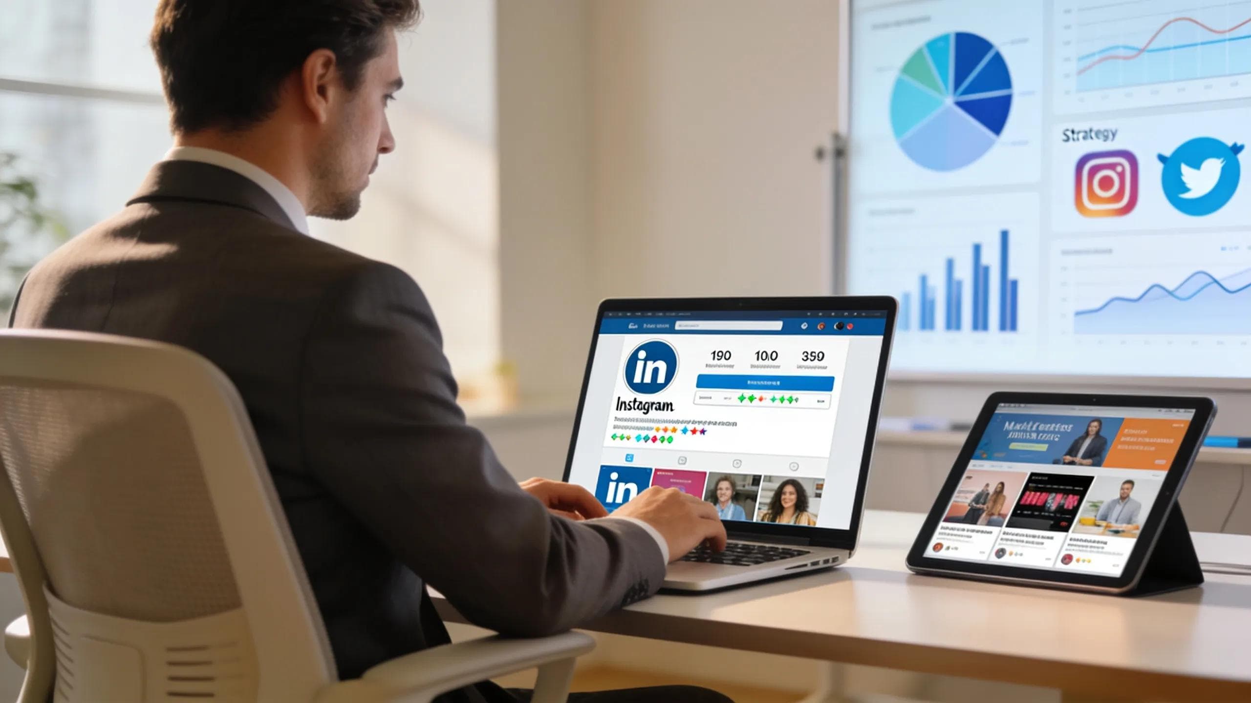 Business professional using a laptop for data-driven social media marketing strategies in a modern office