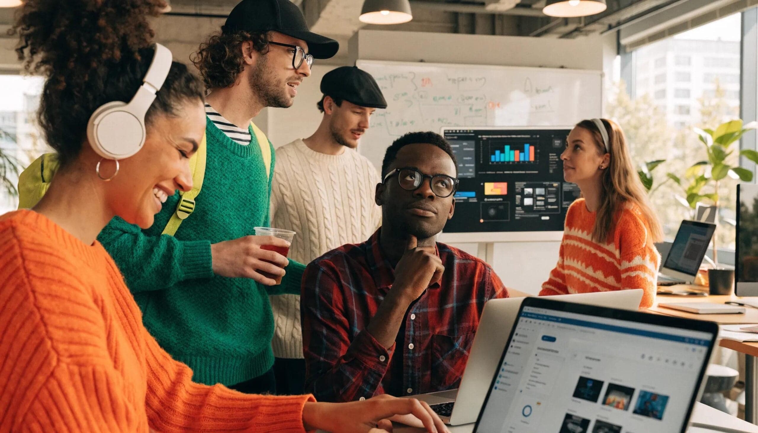 Team of marketers collaborating in a modern office, emphasizing AI content repurposing