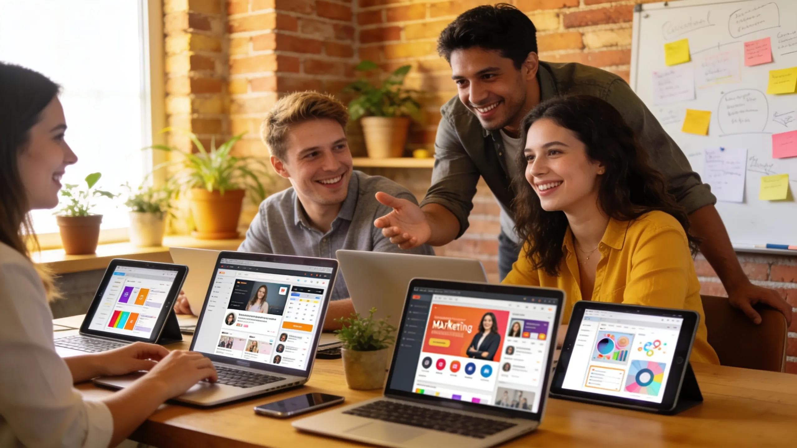Small business team utilizing technology for AI-driven marketing strategies in a collaborative workspace