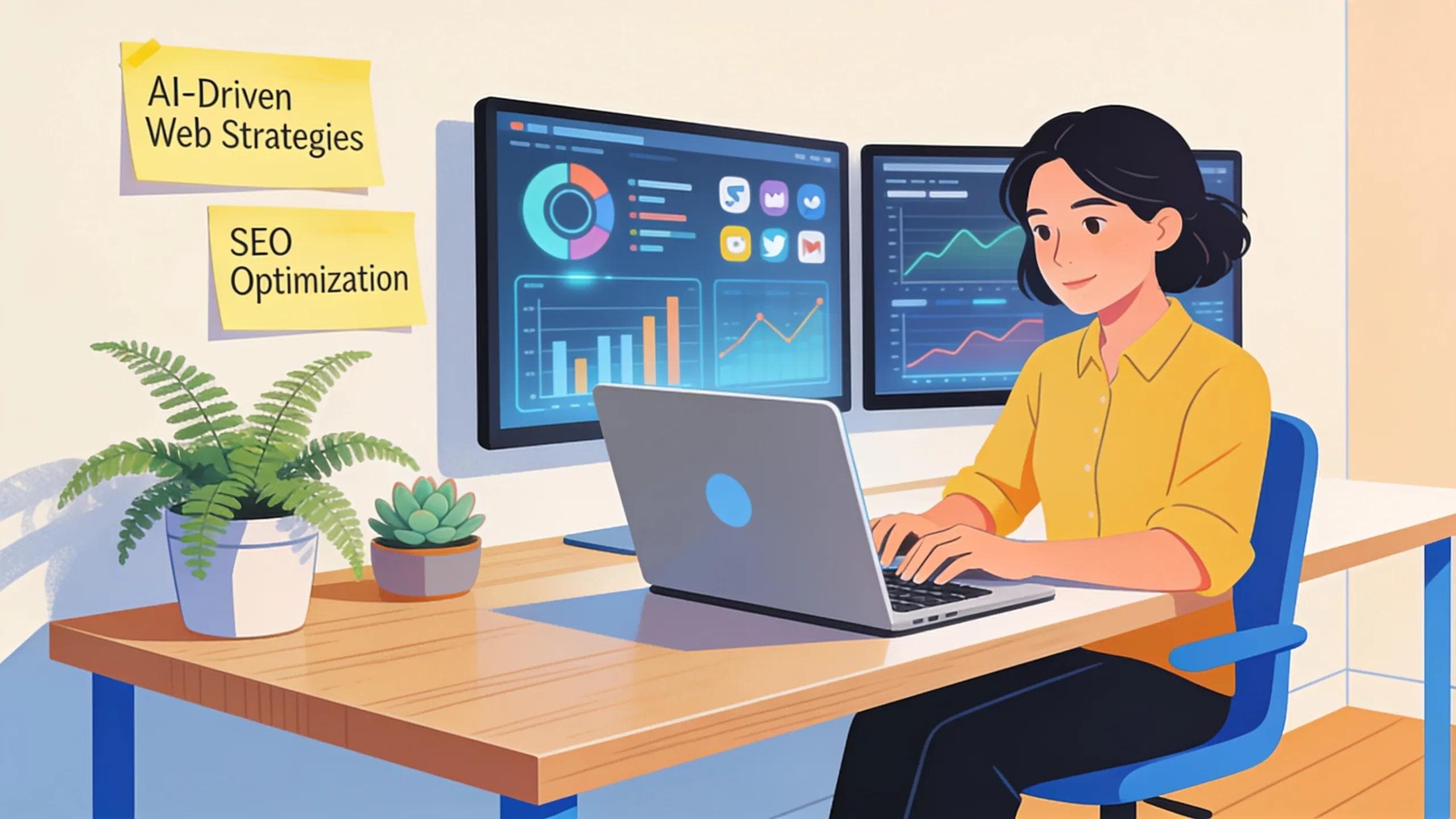 Small business owner using a laptop to enhance online presence with AI-driven web development strategies