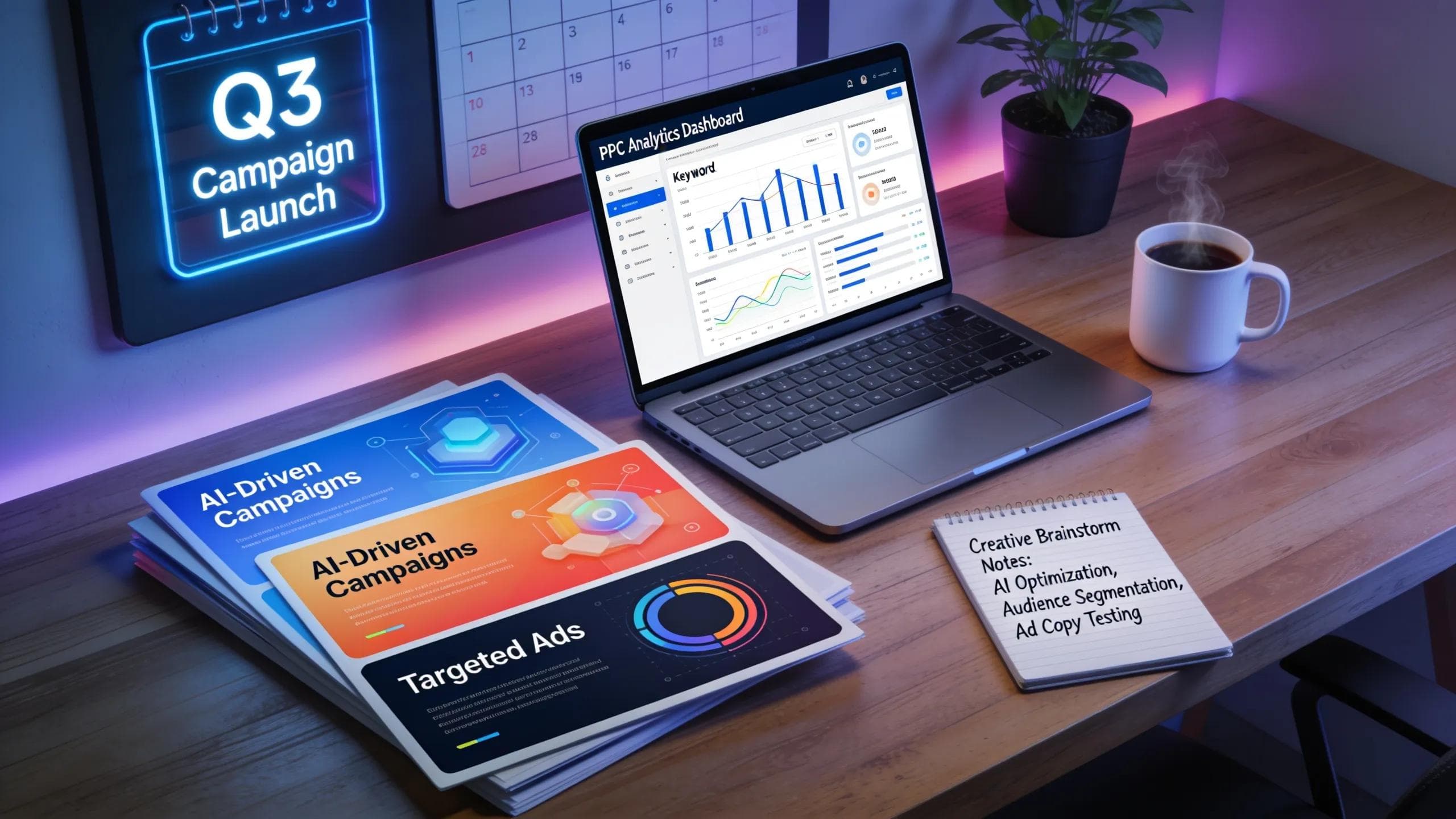Digital marketing workspace with analytics displays emphasizing automated PPC management and AI technology