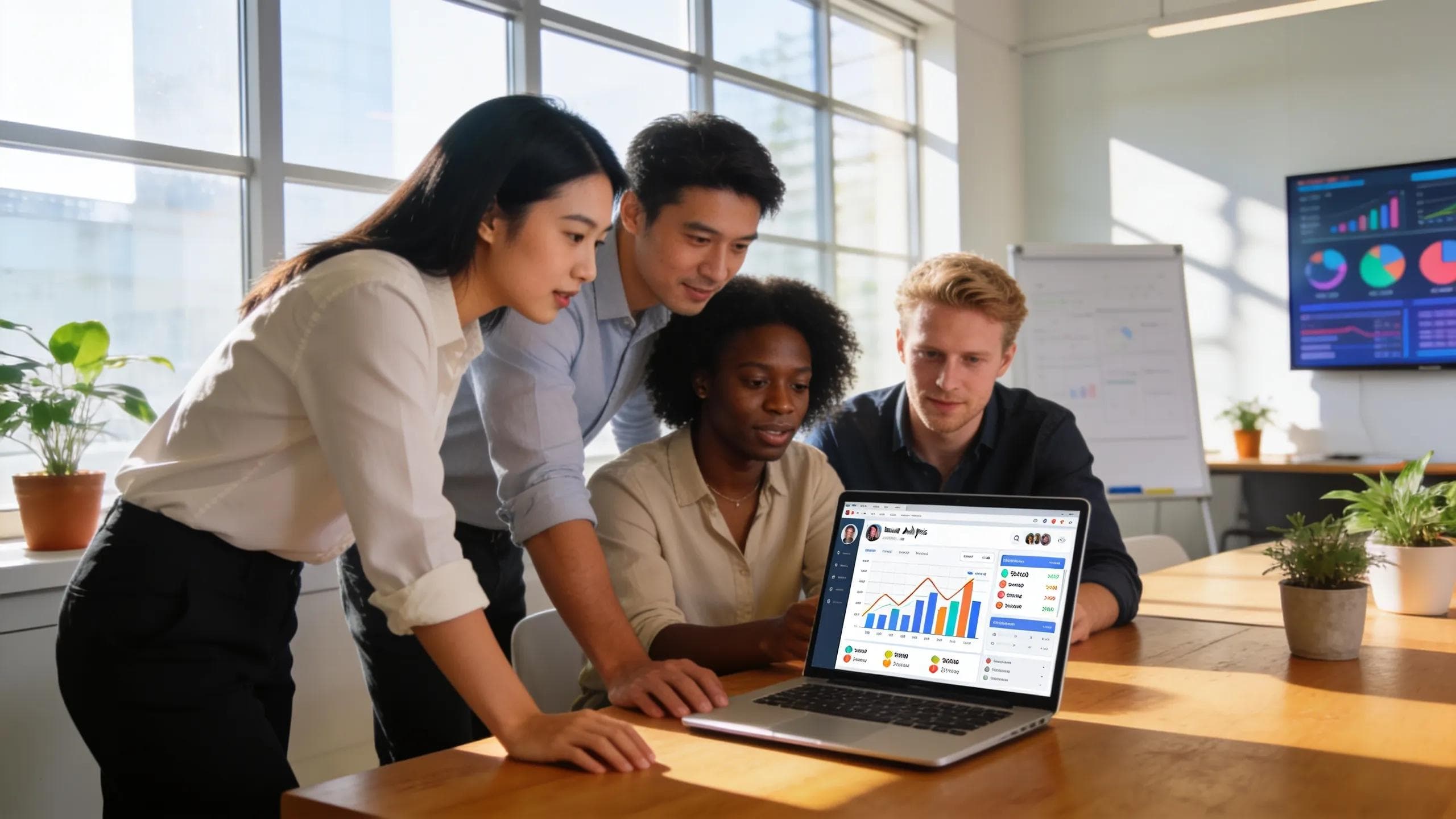 Professionals collaborating in a modern office showcasing social media analytics engagement.
